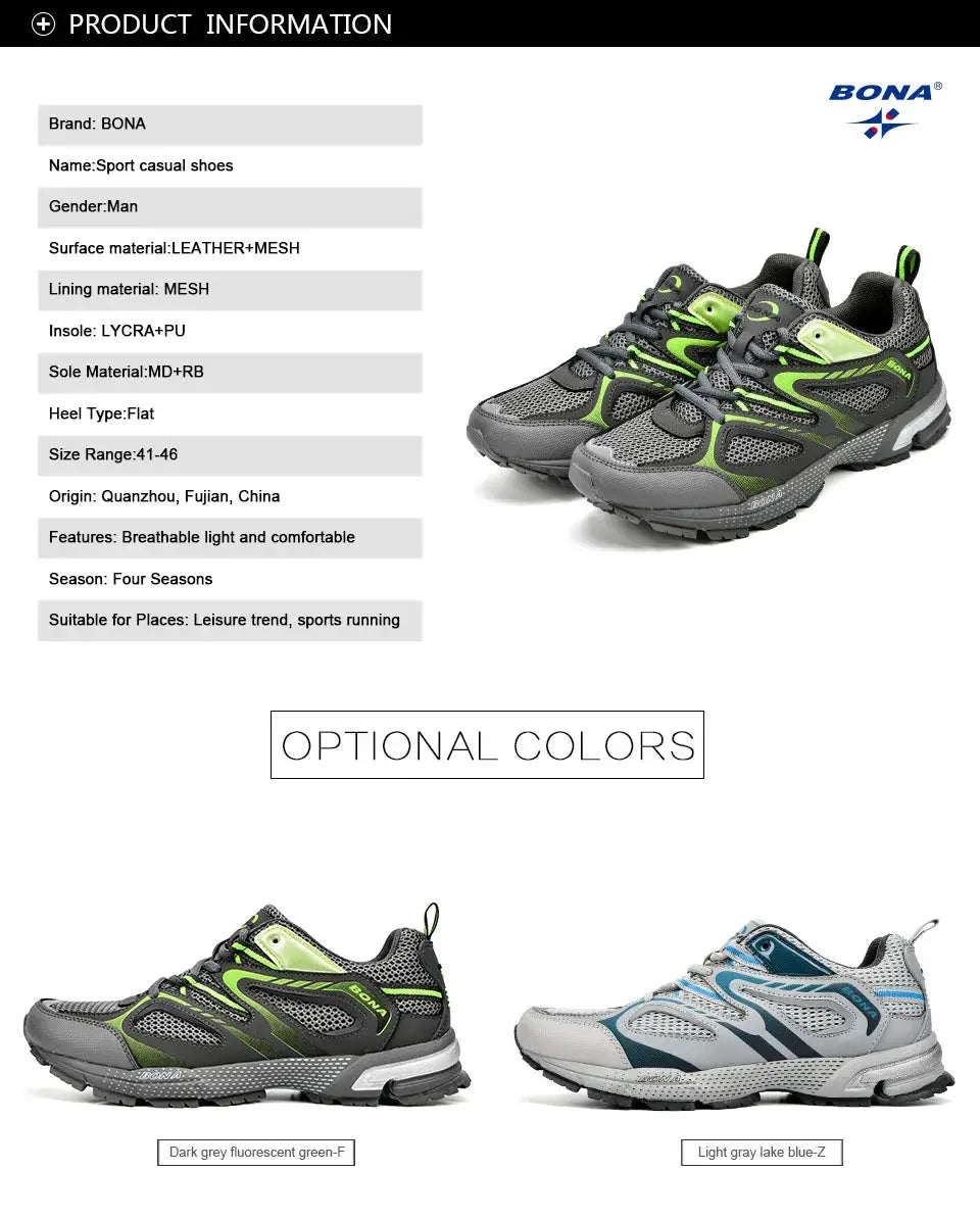 BONA men's running shoes in gray with neon-green mesh; three colorways shown