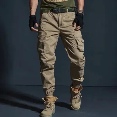 Khaki men's cargo jogger pants with multiple pockets for tactical workwear