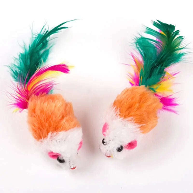Simples Market cute mini soft fleece mouse cat toys with orange bodies, white faces and rainbow feather tails (2 pieces)