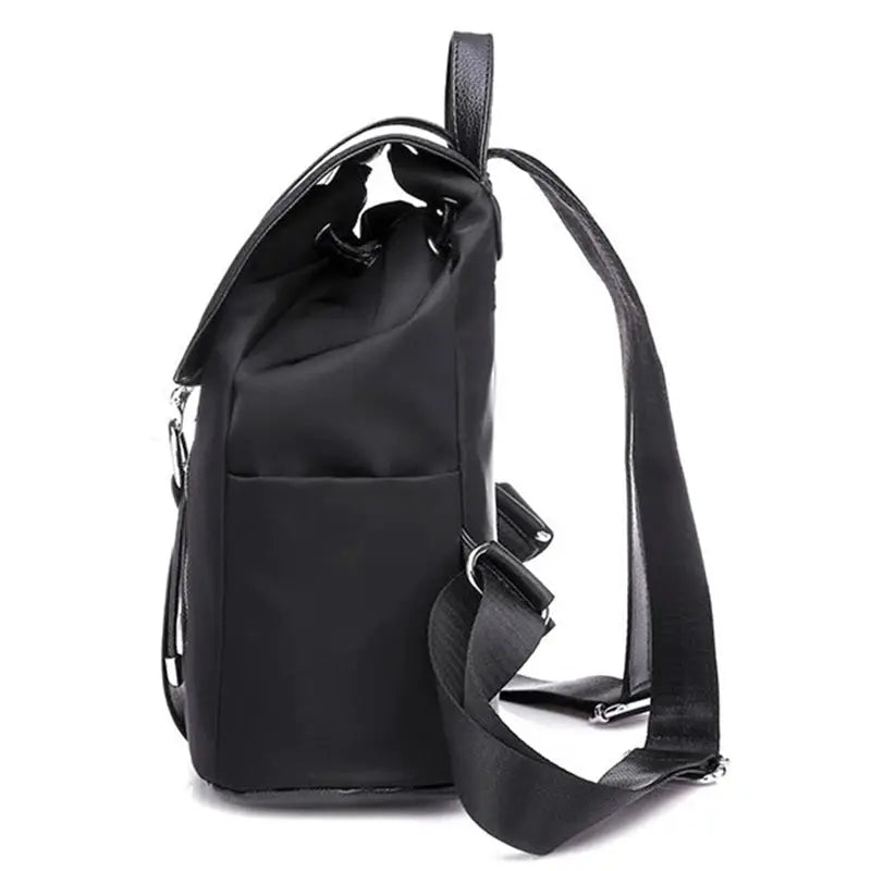 Women’s black nylon backpack by Simples Market with front pocket and adjustable strap