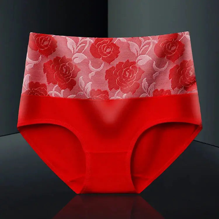 Simples Market 3-pack women's high-waist cotton panties; red with pink floral lace waistband