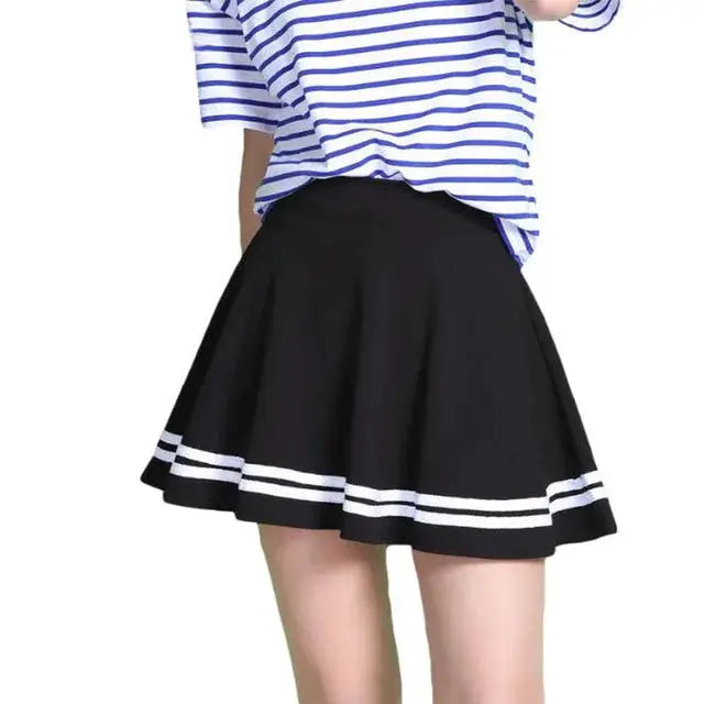 Women's black mini skirt with two white stripes at hem
