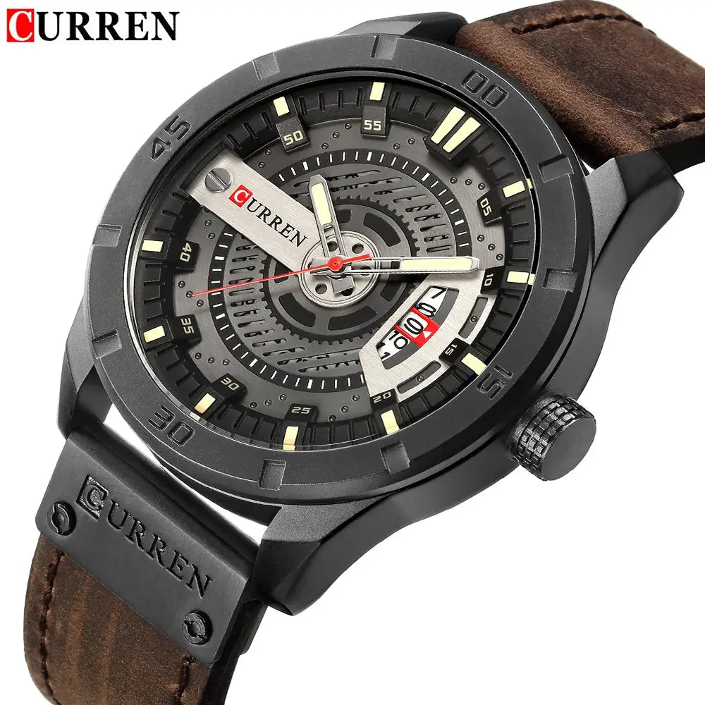 Curren men's watch with black steel case, skeleton dial, brown leather strap, date window.