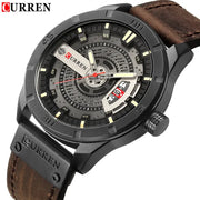 Curren men's watch with black steel case, skeleton dial, brown leather strap, date window.
