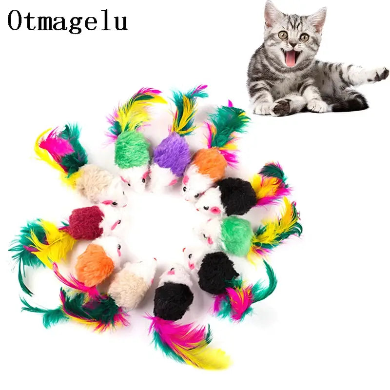 Simples Market mini soft fleece cat mouse toys with colorful feathers, 12-pack