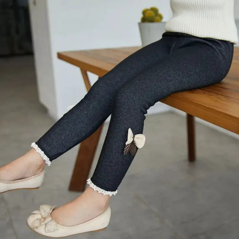 Girls Thick Warm Winter Spring Jeans Bow Bottom Leggings Trousers For Children Ages 7 To 13 Years ROYGCBP