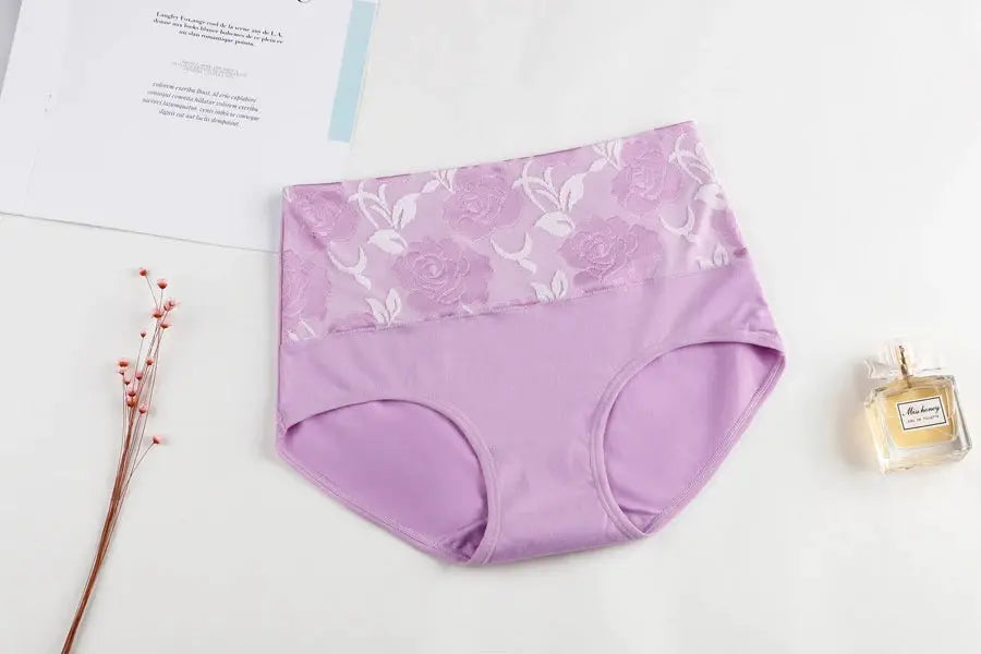 Simples Market lavender high‑waist cotton panty with lace floral panel, plus-size briefs