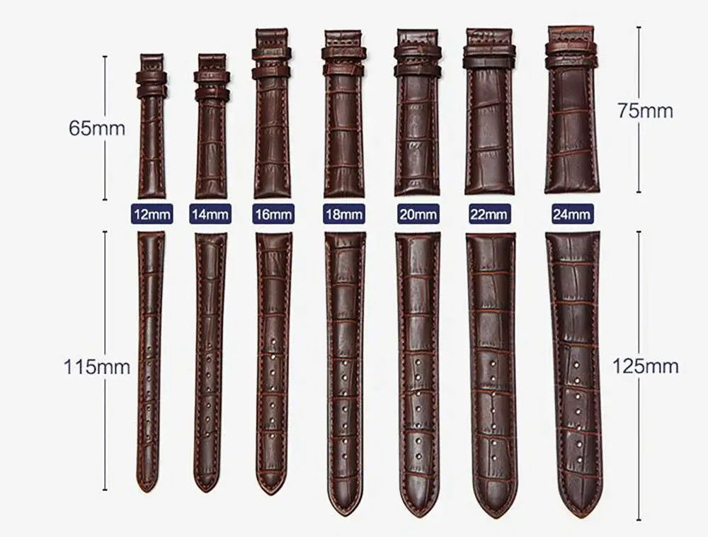 Leather watchbands set in brown crocodile-embossed pattern, widths 12–24 mm.