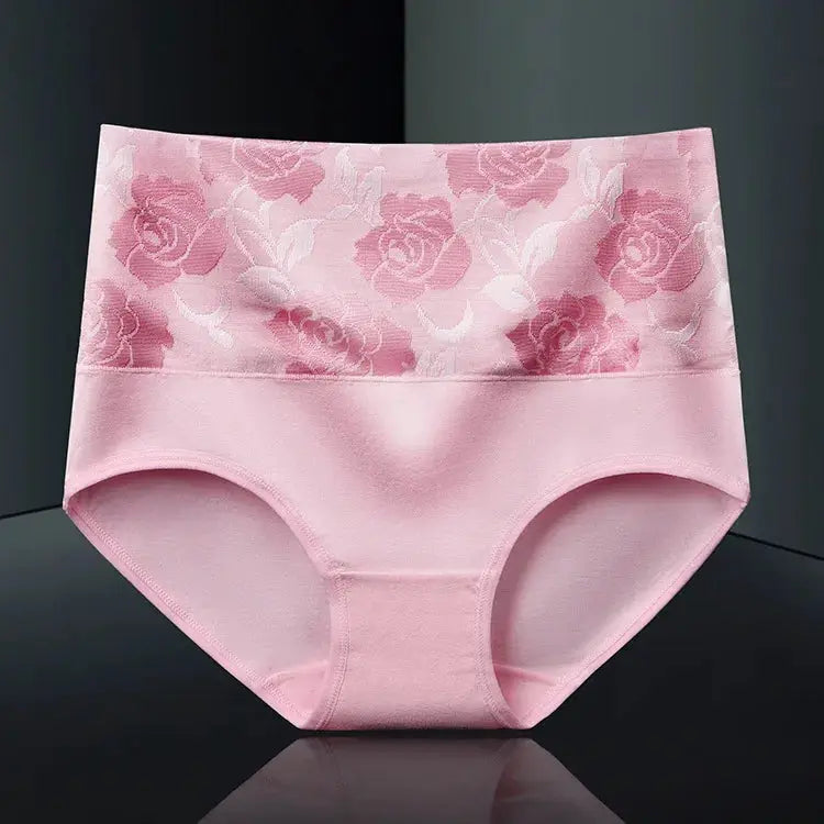Pink high-waist cotton panties with floral lace waistband; seamless