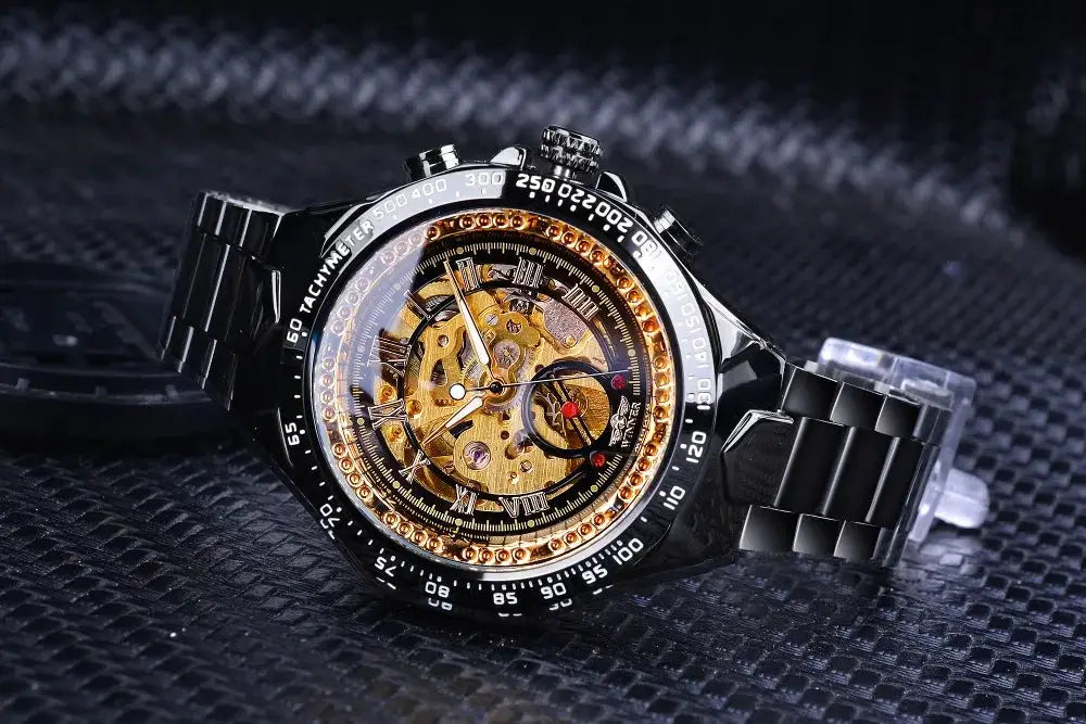 Winner mechanical skeleton automatic sport watch with black stainless steel bracelet and gold gears