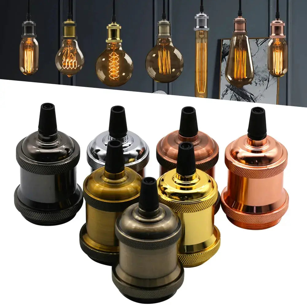 Aluminum E27 lamp socket adapters set of 8 in black, silver, brass, and copper finishes with vintage Edison bulbs