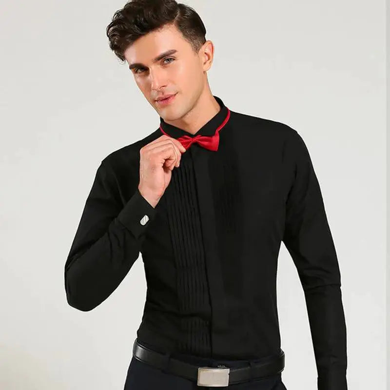 Classic winged-collar dress shirt by Simples Market, black formal shirt with red bow tie and pleated front