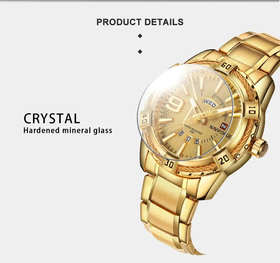 Gold NAVIFORCE men's wristwatch with steel band and hardened mineral glass