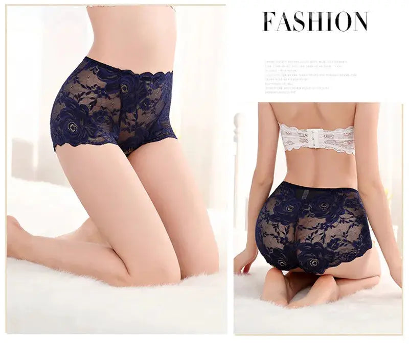 Plus-size lace high-waist panties in navy blue for women