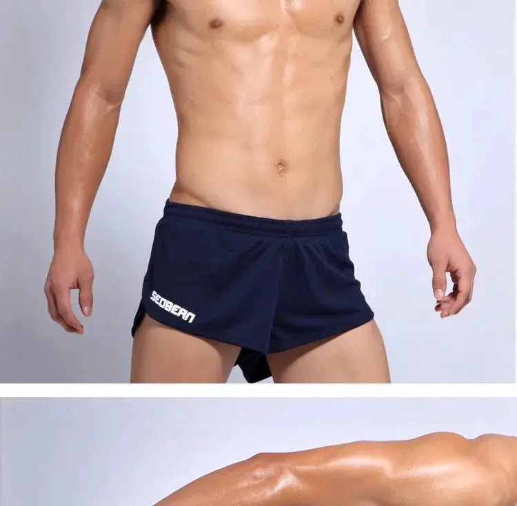 SEOBEAN men's navy running shorts with inner lining; logo on left leg.