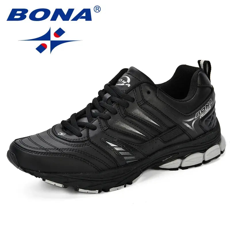 BONA men's running shoe, black breathable outdoor sneaker with gray accents, logo visible