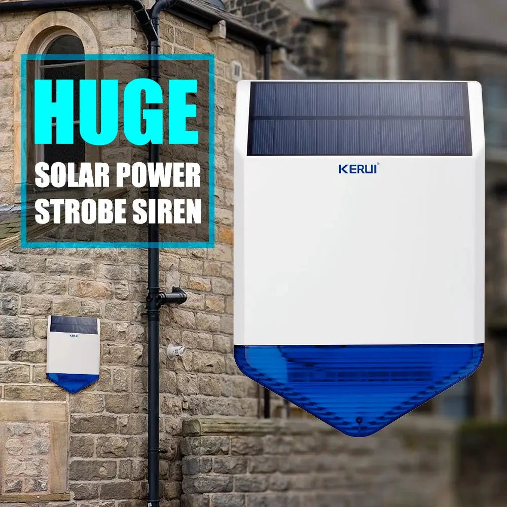 KERUI outdoor solar siren panel with blue strobe beacon; two devices shown