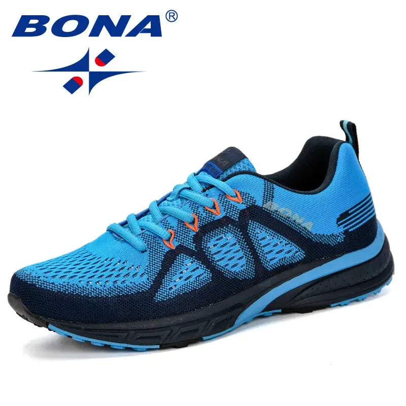 BONA blue mesh running sneakers for men with black sole and light blue midsole.