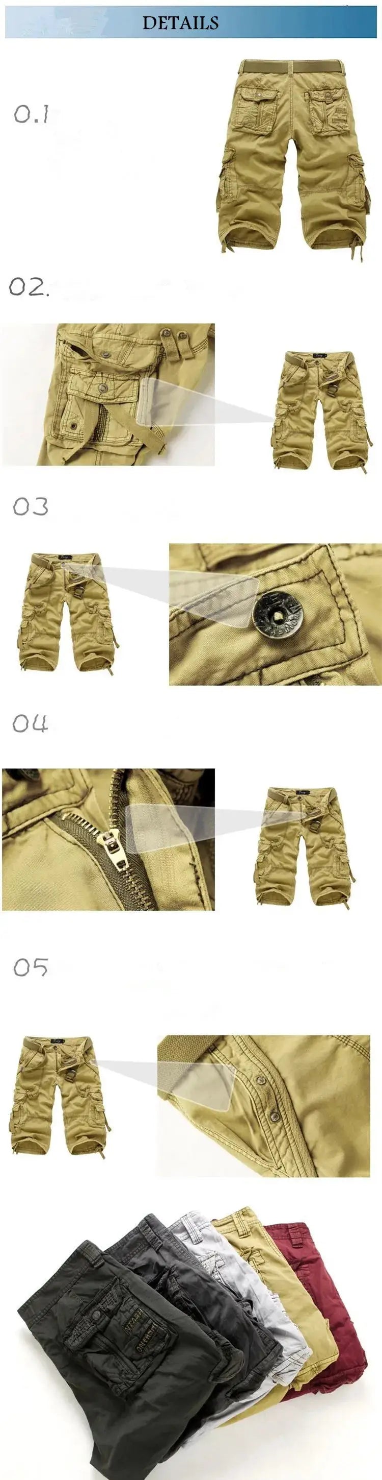 Simples Market men's cargo shorts, knee-length khaki cotton with multiple pockets.