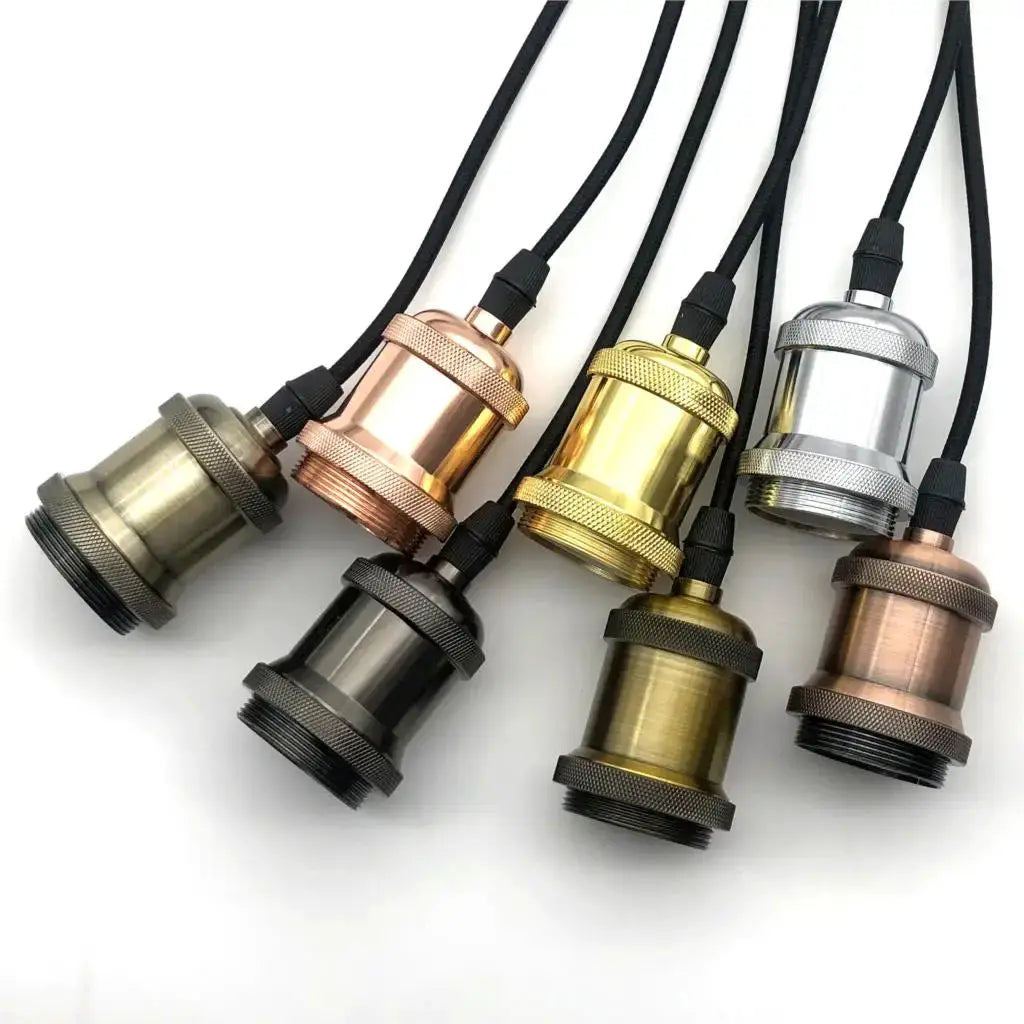 Industrial aluminum pendant lights; set of 7 with E27 sockets in assorted metallic finishes and black cords