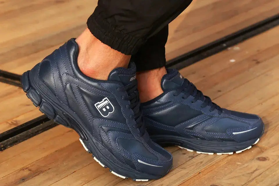 Pair of BONA men's navy blue running shoes, lace-up athletic sneakers by Simples Market.