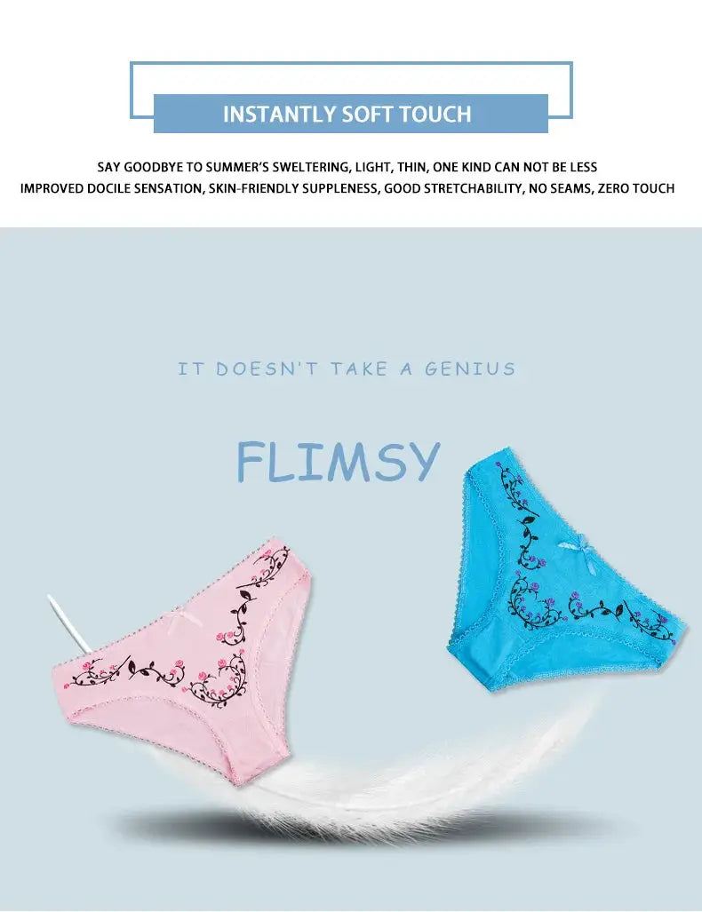 Women's cotton panties set, pink and blue with floral embroidery, two-piece.
