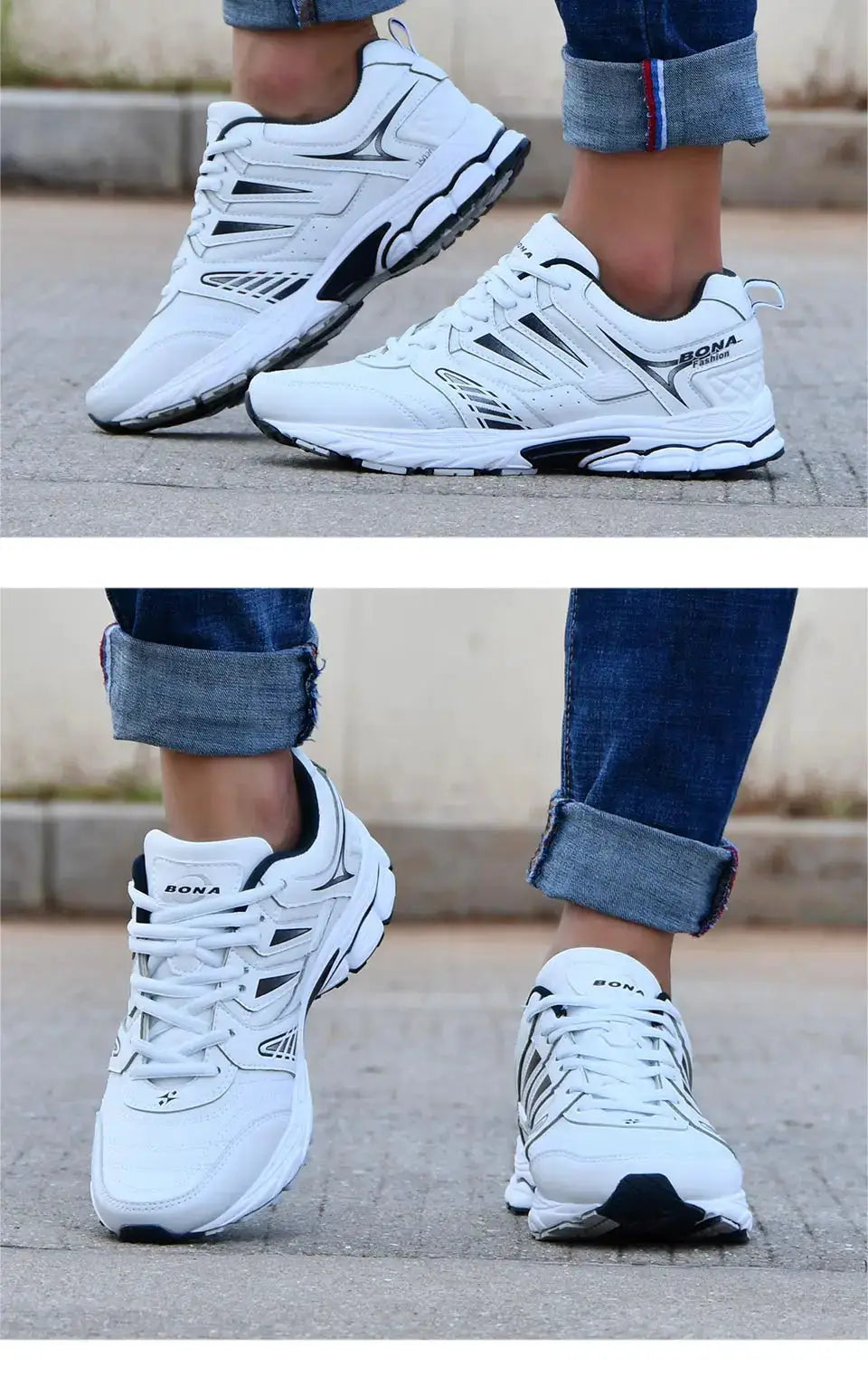 BONA white men's running sneakers, breathable outdoor sports shoes with black accents, pair shown