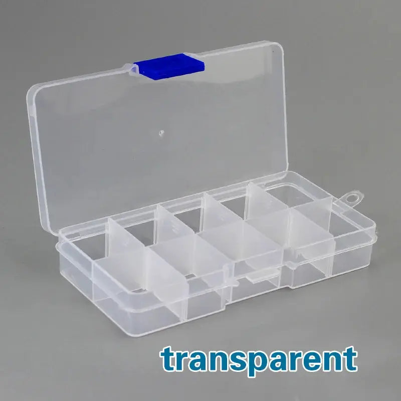 Transparent plastic 10-slot storage box with hinged lid for beads, screws and small jewelry parts