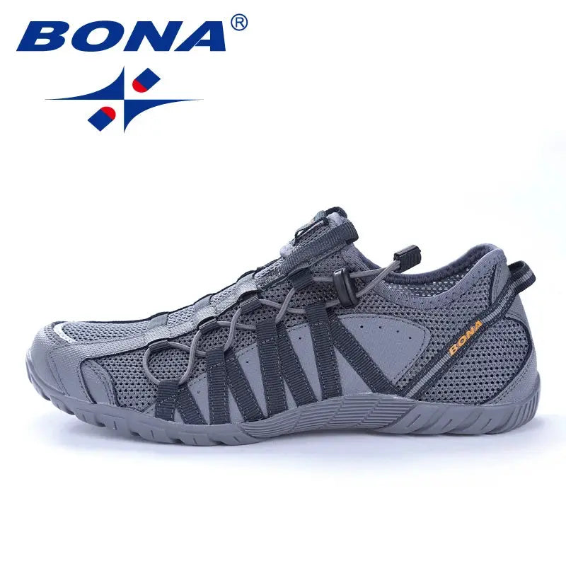 BONA men's gray mesh running shoes with lace-up design and rugged outsole