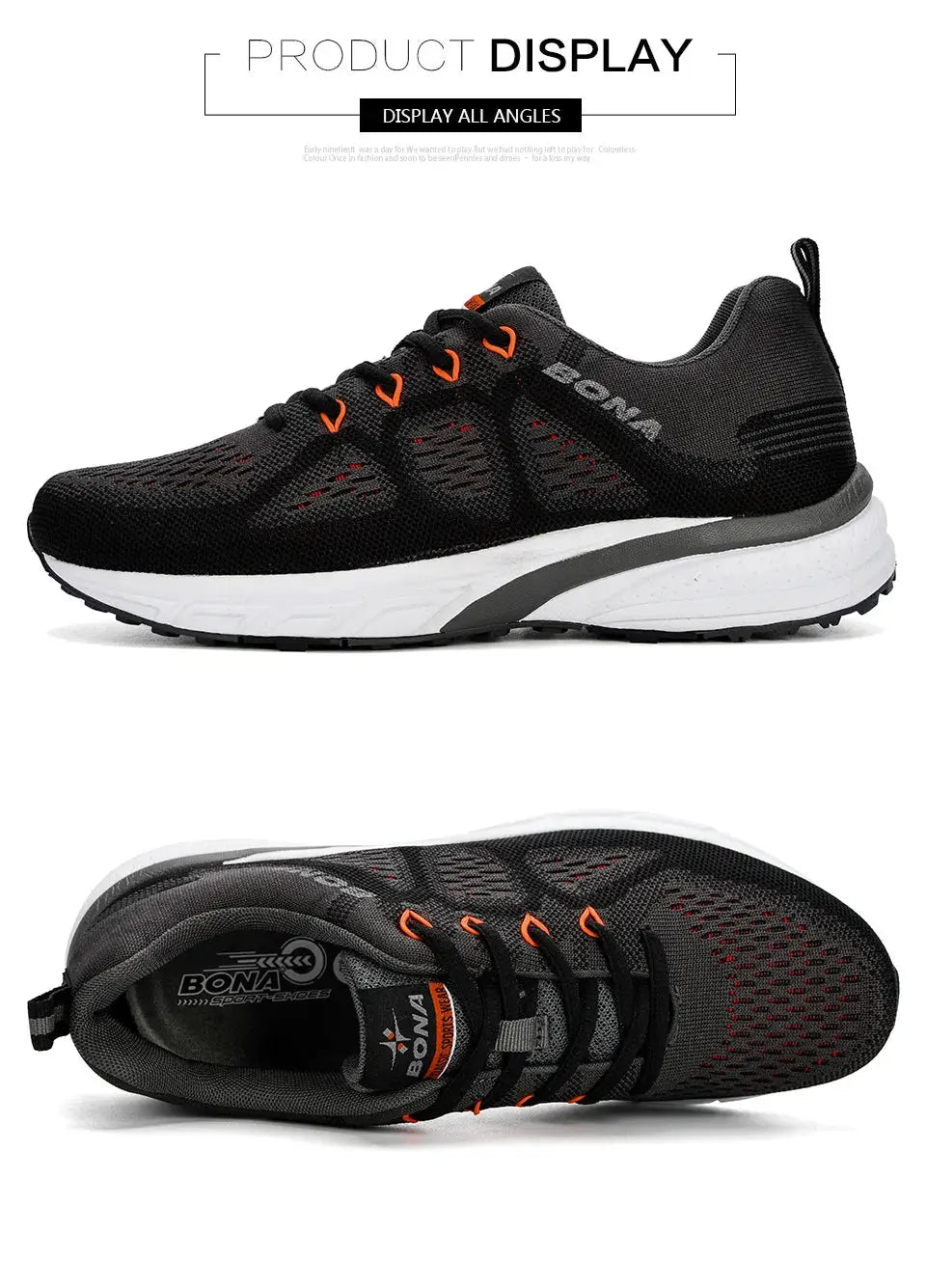 BONA men's sneakers, black mesh upper with orange eyelets and white midsole