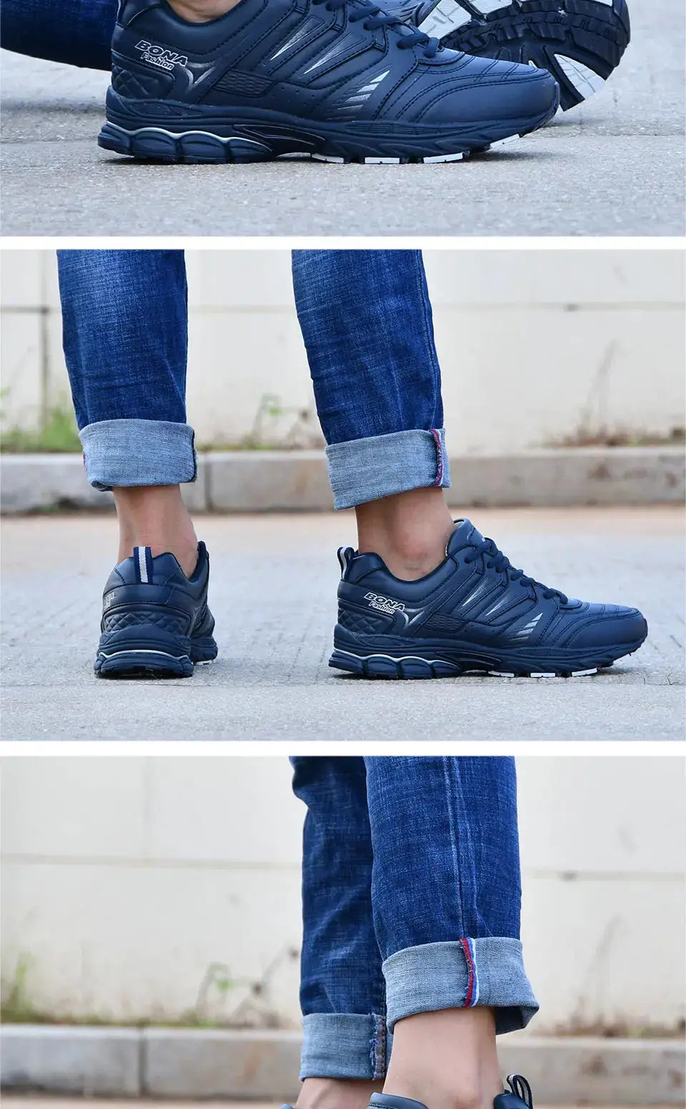 BONA men's navy blue running shoes, breathable outdoor sneakers by Simples Market