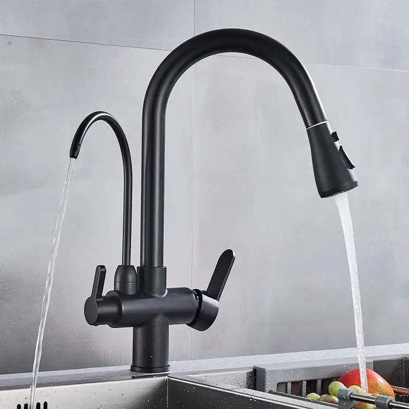 Matte black kitchen faucet with tall gooseneck, dual lever handles, and pull-out spray