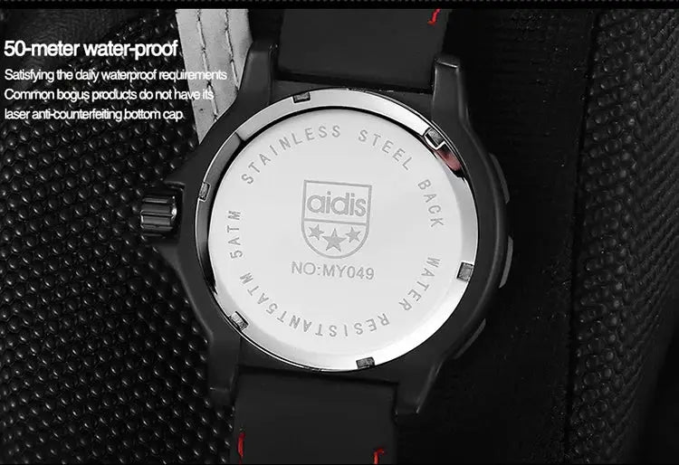Aidis military wristwatch back view with black strap and red stitching, stainless steel back, 50m waterproof.