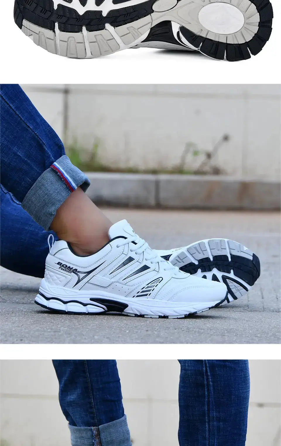 BONA men's running shoes, white sneakers with grey/black accents and rugged outsole
