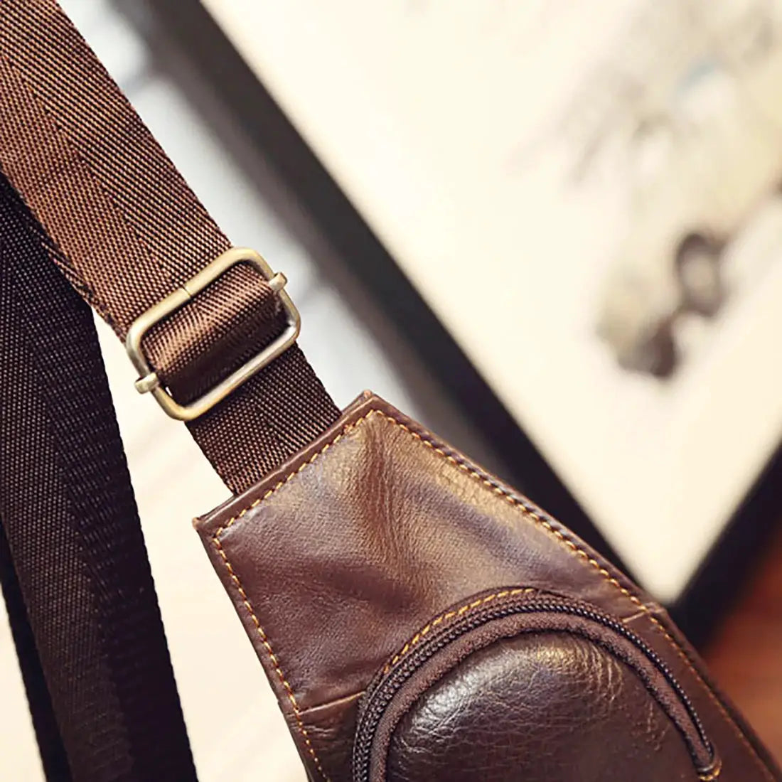 Leather crossbody sling bag by Simples Market, brown genuine leather with adjustable strap and zipper pocket