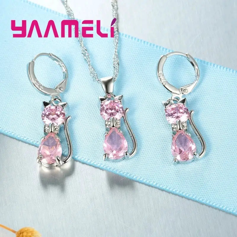 Real 925 Sterling Silver Cat Pendant Necklace And Huggie Earrings With Austrian Crystal Jewelry Set For Women And Girls