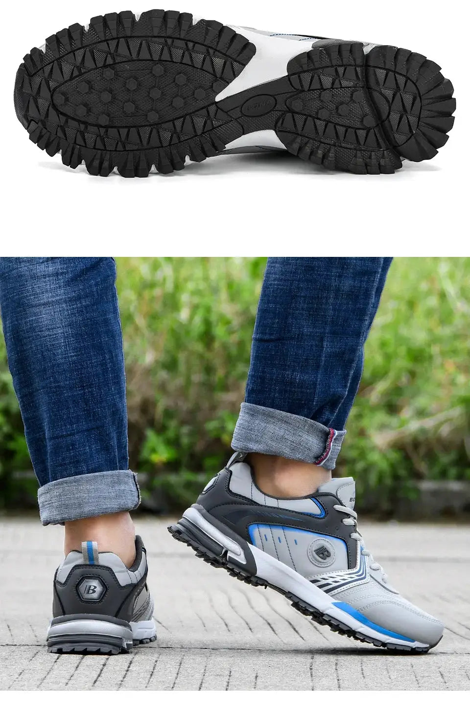 BONA men's running shoes, breathable gray-blue lace-up sneakers with rugged outsole for walking and jogging.