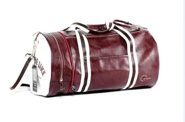 Simples Market sport gym duffel bag; burgundy leather-look with white shoulder straps and built-in shoe pocket