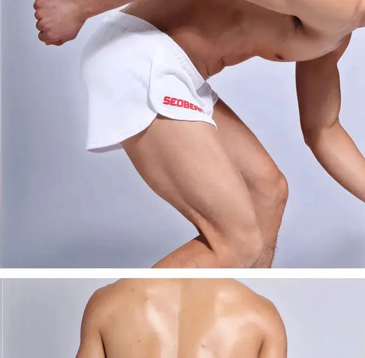SEOBEAN men's sports running shorts, white with red SEOBEAN logo on the leg