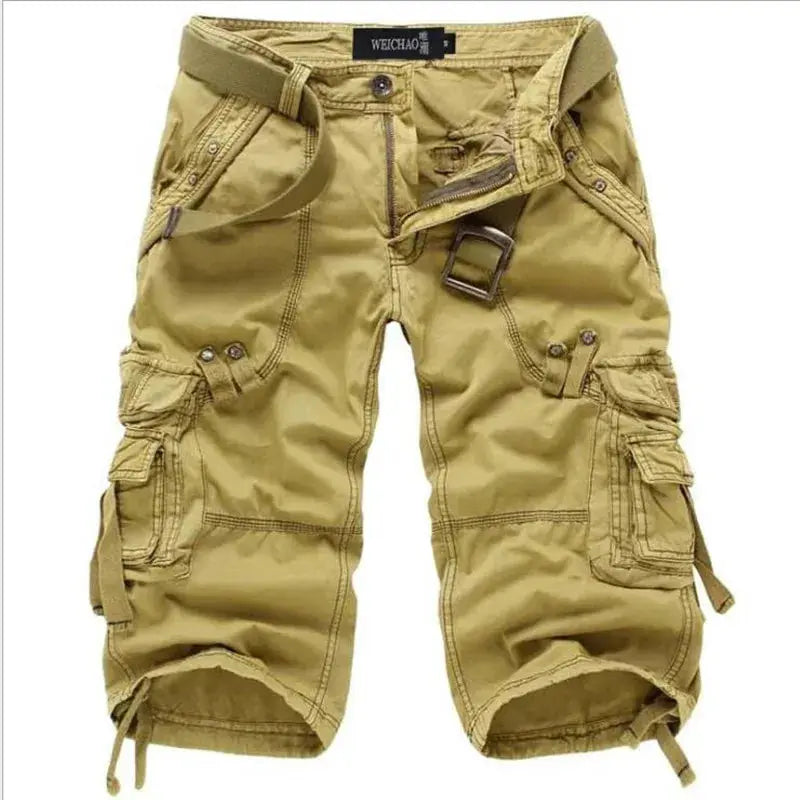 Khaki cargo shorts with belt, multiple pockets and knee-length cotton men's shorts