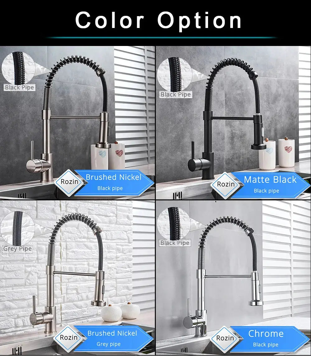 Rozin kitchen faucet deck-mounted mixer; flexible spring hose, 360° rotation; matte black finish, one of four colors.