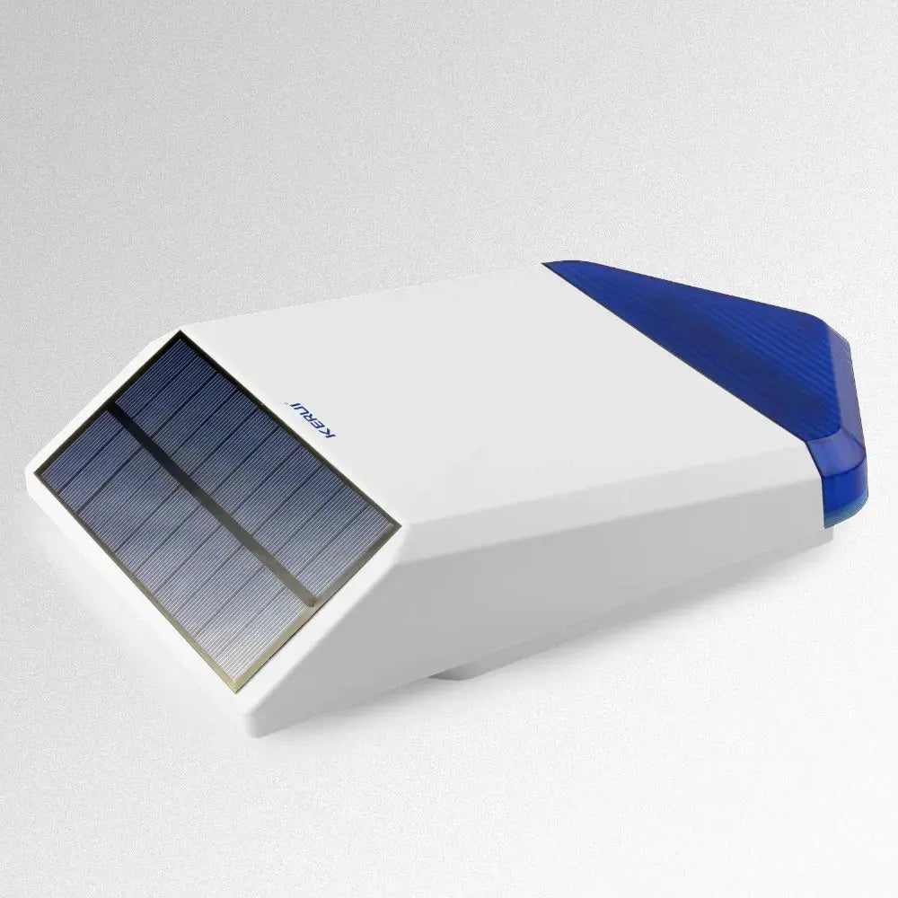 KERUI solar siren panel for outdoor alarm, white body with blue top, 110dB siren