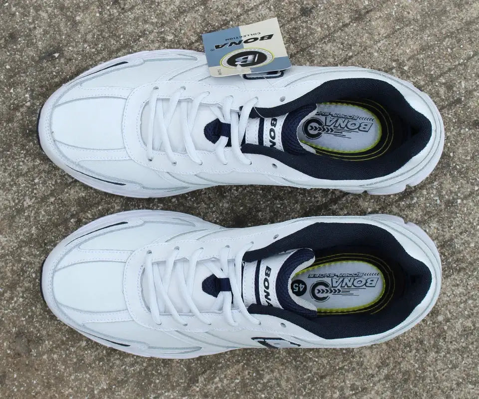 BONA white men's running shoes, lace-up athletic sneakers with navy lining, top-view pair