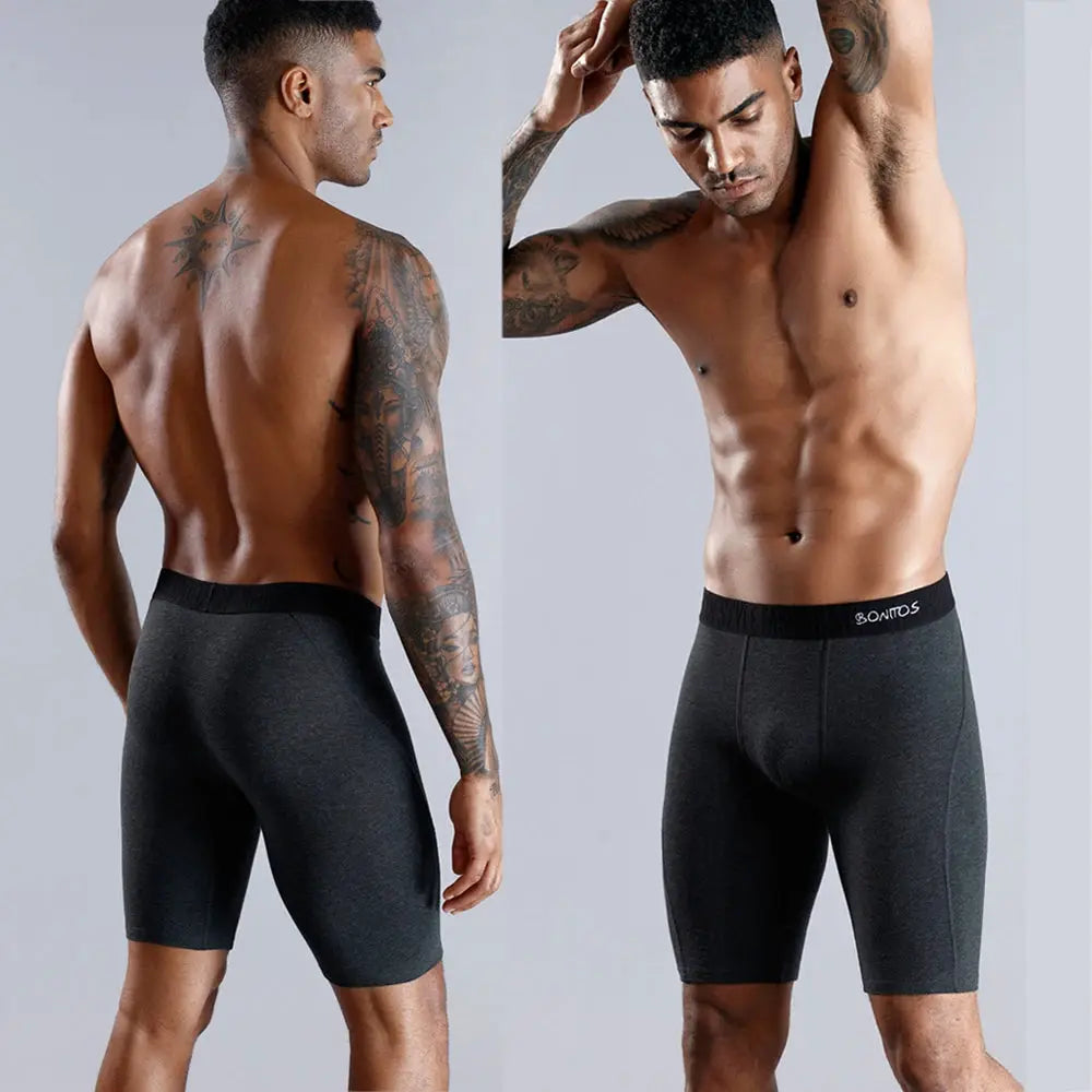 Men's long cotton boxer shorts (2 pairs) in dark gray with black waistband and Bonitos branding.
