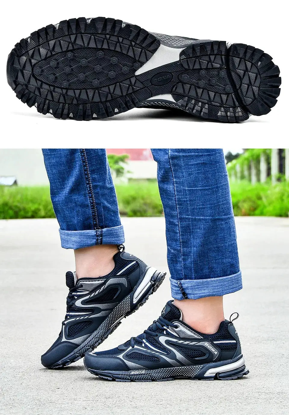 BONA men's running shoes in navy split-cow mesh, lace-up outdoor joggers.