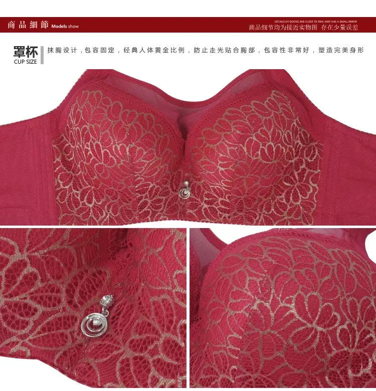 Red lace push-up bra by Simples Market with floral embroidery and center jewel detail.