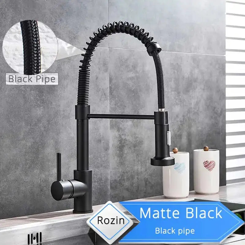 Rozin matte black deck-mounted kitchen faucet with spring coil pull-down sprayer and 360° rotation.