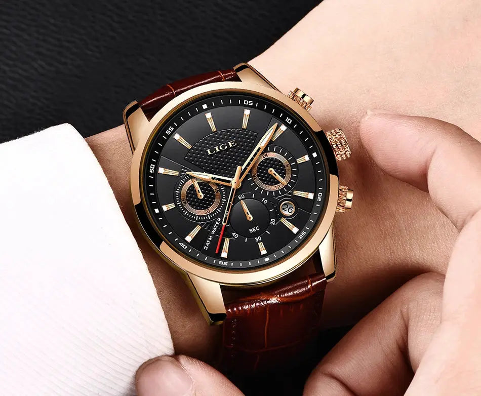 LIGE men's luxury chronograph leather watch with gold-tone case, black dial, brown strap