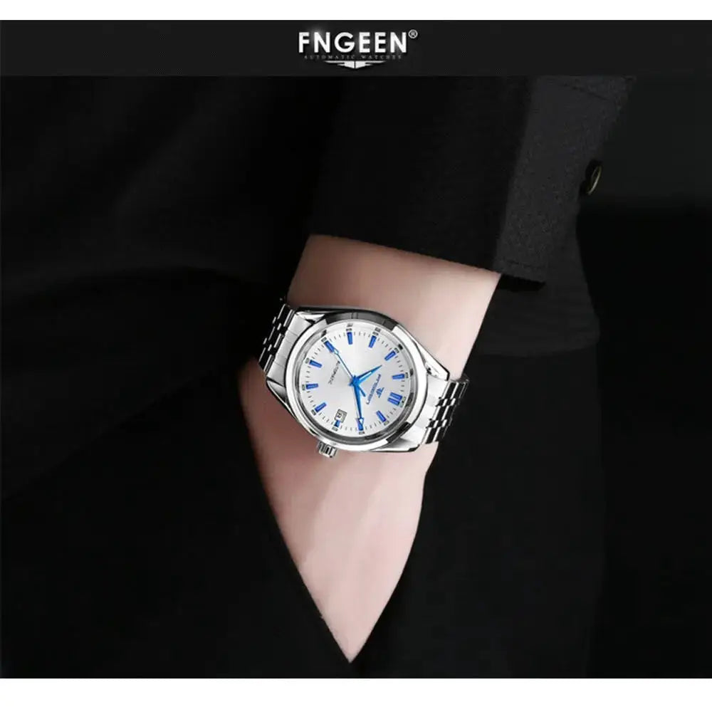 Men's stainless steel automatic mechanical wristwatch with white dial, blue hands and markers, calendar window