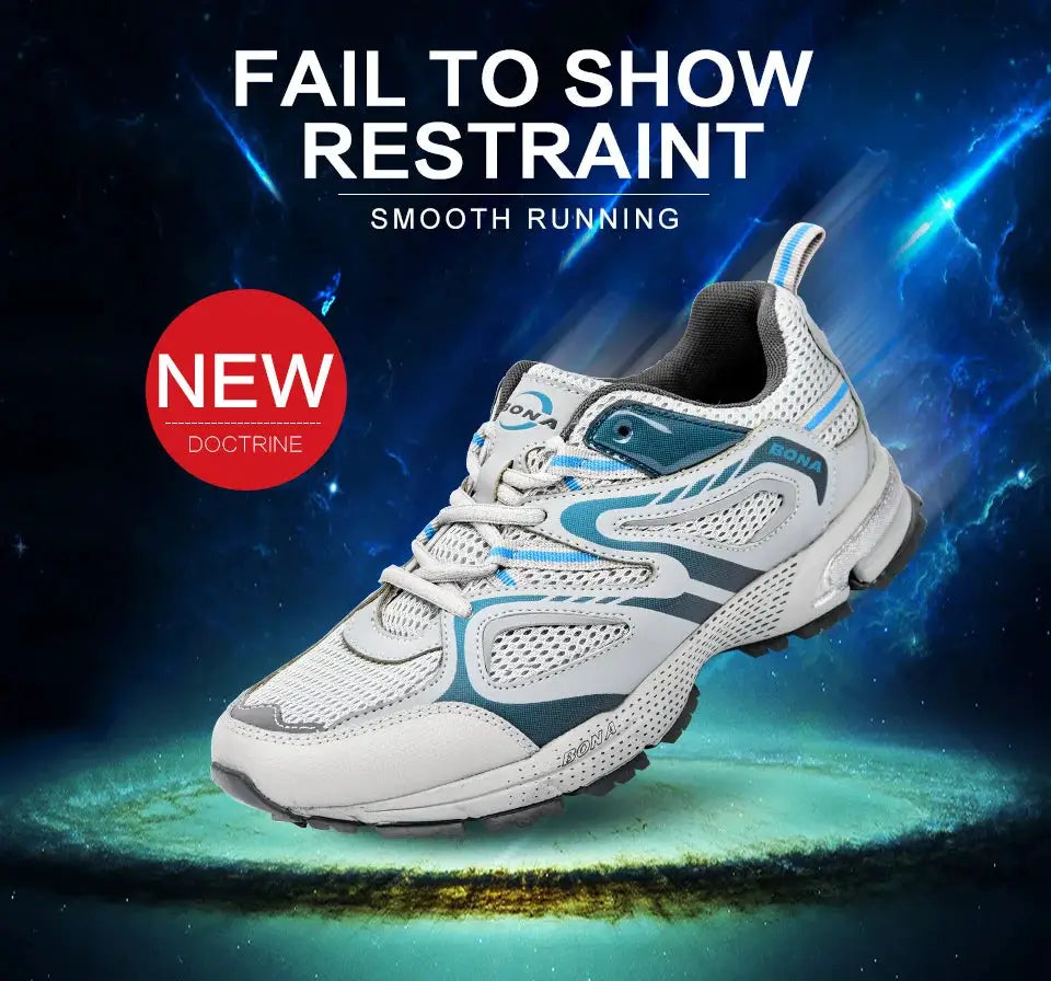 BONA men's running shoes in white mesh with blue accents, lace-up trainer by Simples Market